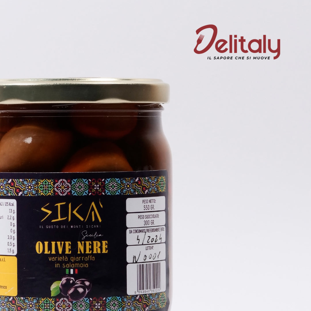 Delitaly©  -  Olive Nere Siciliane - Salamoia - 100% Made in Sicily - Barattolo di 300g