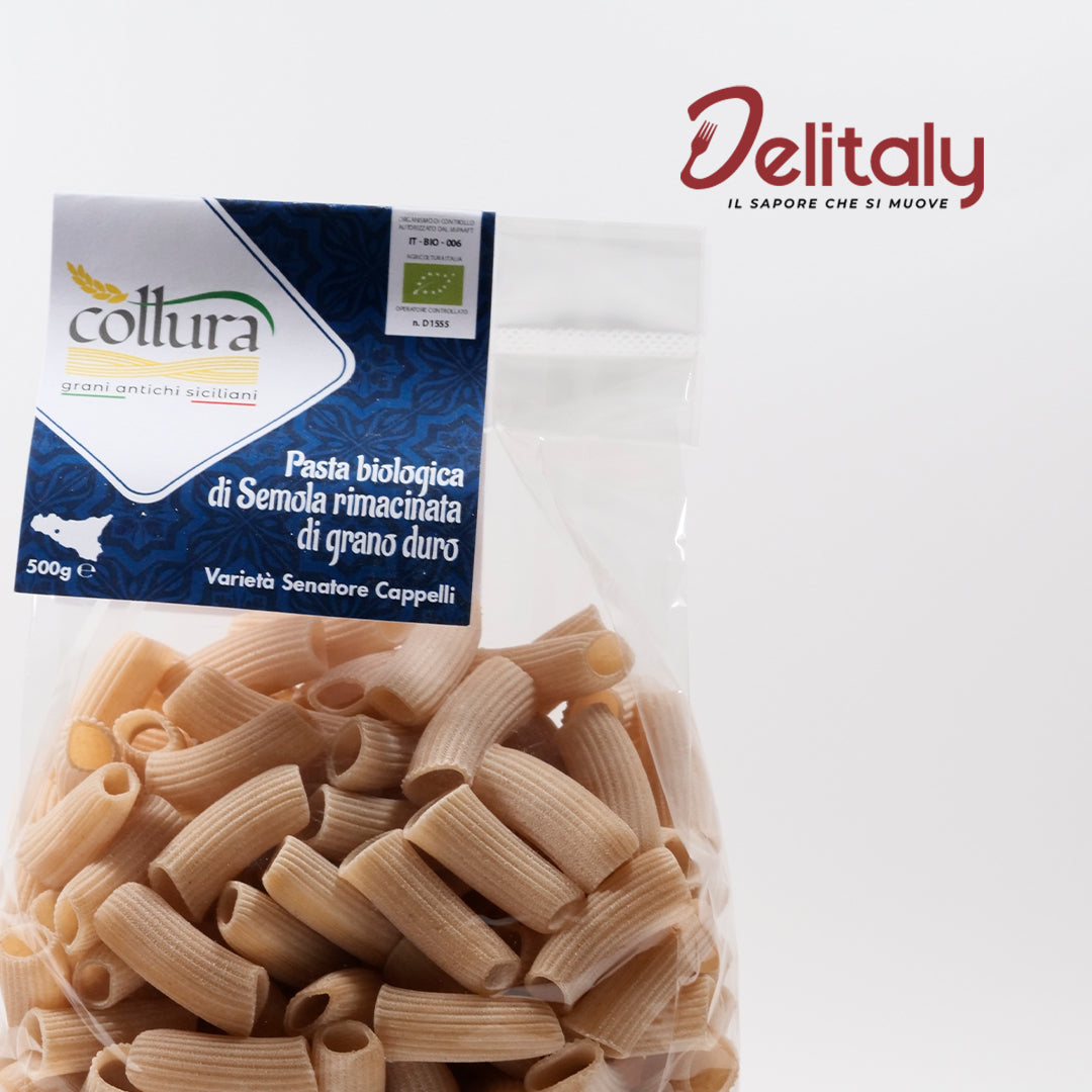 Delitaly©  -  Pasta di Semola  -  Grano Duro Varità Senatore Cappelli - Rigatoni - 100% Made in Sicily - Busta 500g